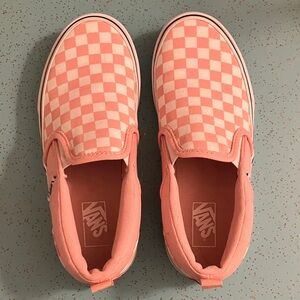 Vans size 3 kids’ white and pink checkered slip-ons.